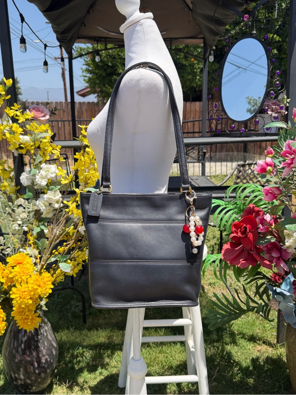 Coach  Black Leather Tote Bag with Bead Charm - Picture 3 of 10